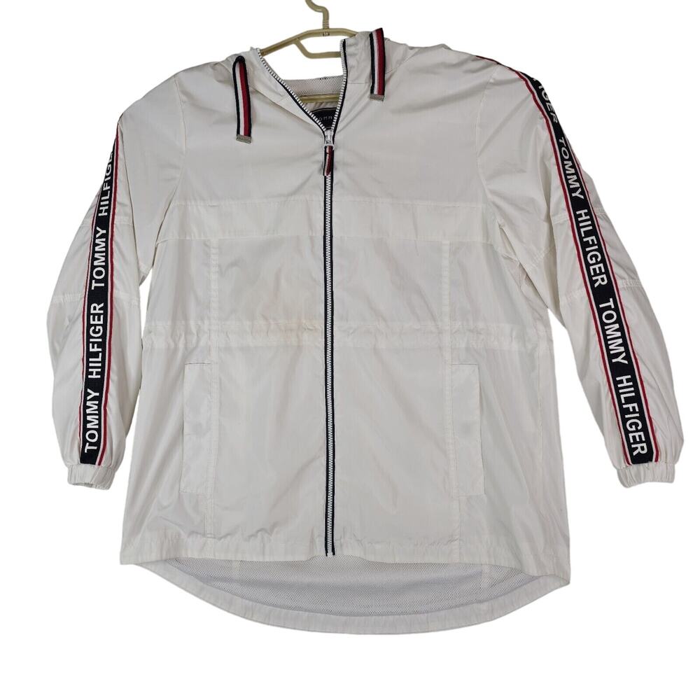 Tommy Hilfiger Windbreaker Jacket Womens Large Long White‎ Spellout